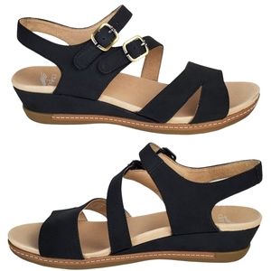 New Dansko angela nubuck leather asymmetrical straps black wedge sandals